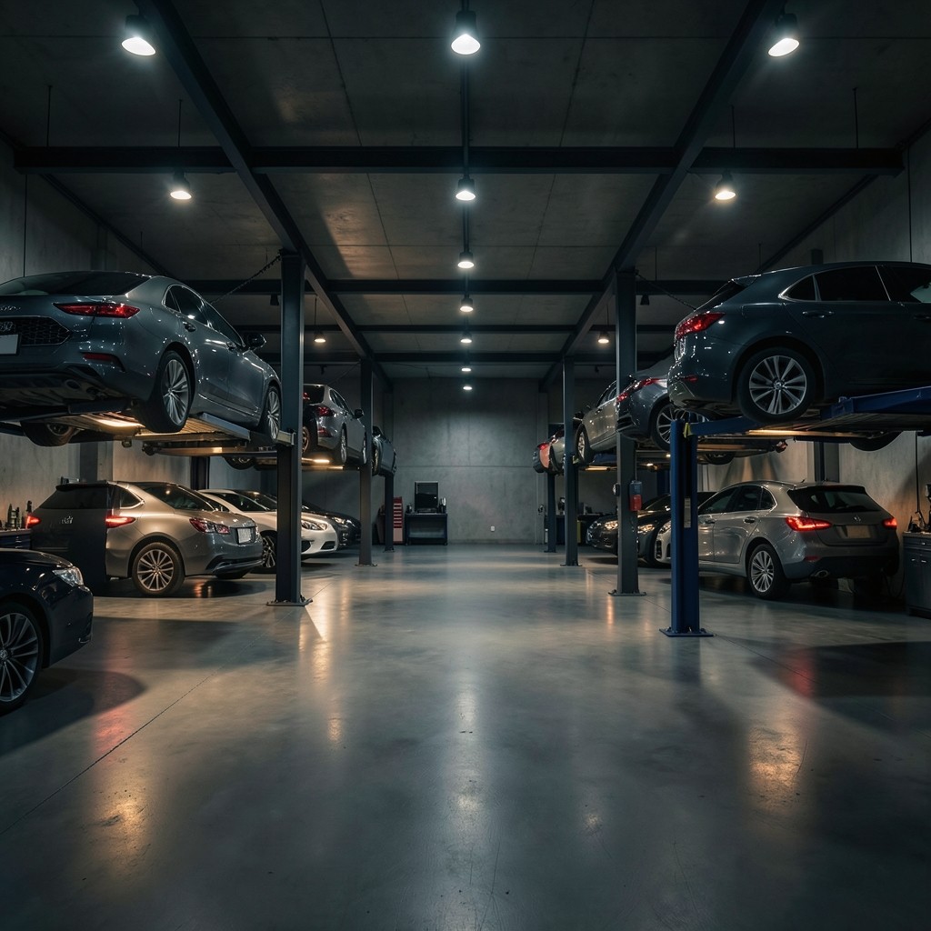 Automotive workshop aisle with technicians and service bays in cinematic light