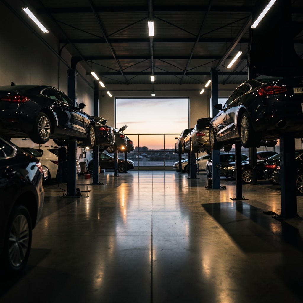Dimly lit automotive service bay with vehicles on lifts under warm workshop lighting