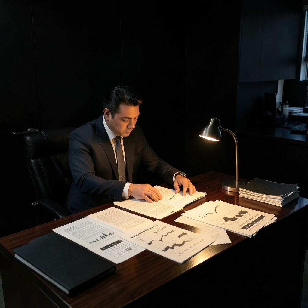 Service manager reviewing printed aftersales charts at a dealership desk